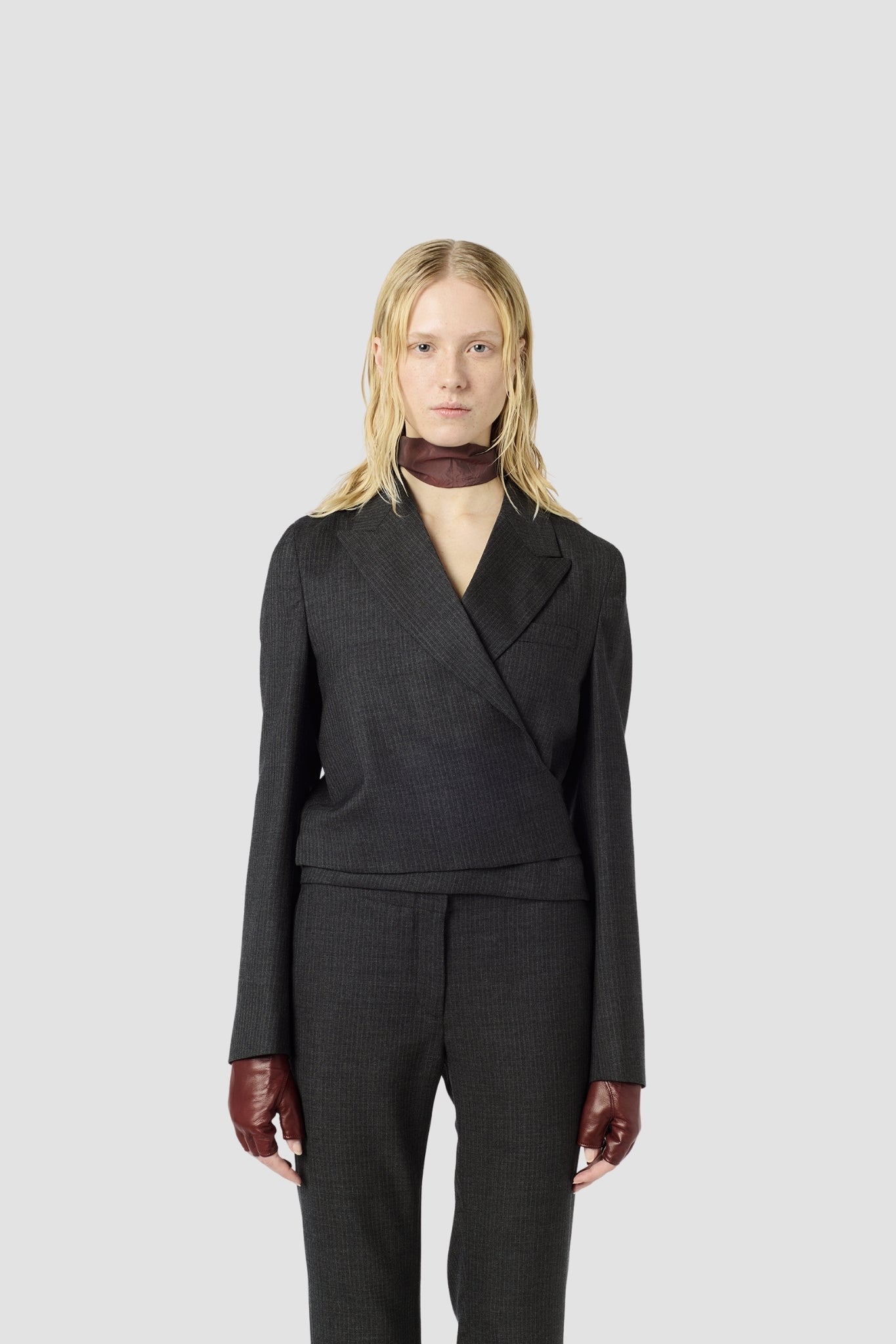 WRAP BLAZER, Smoke Gray Micro Herringbone