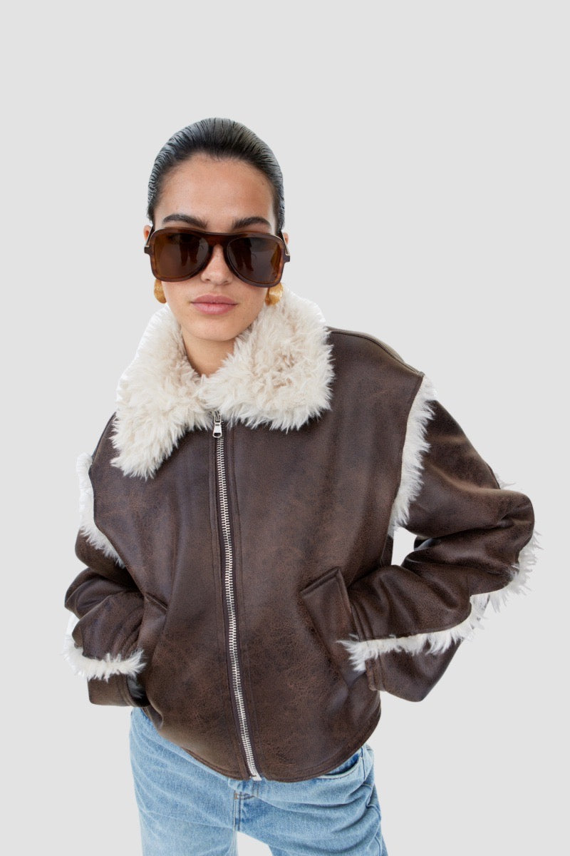 W AMARI JACKET  FAUX AVIATOR BROWN