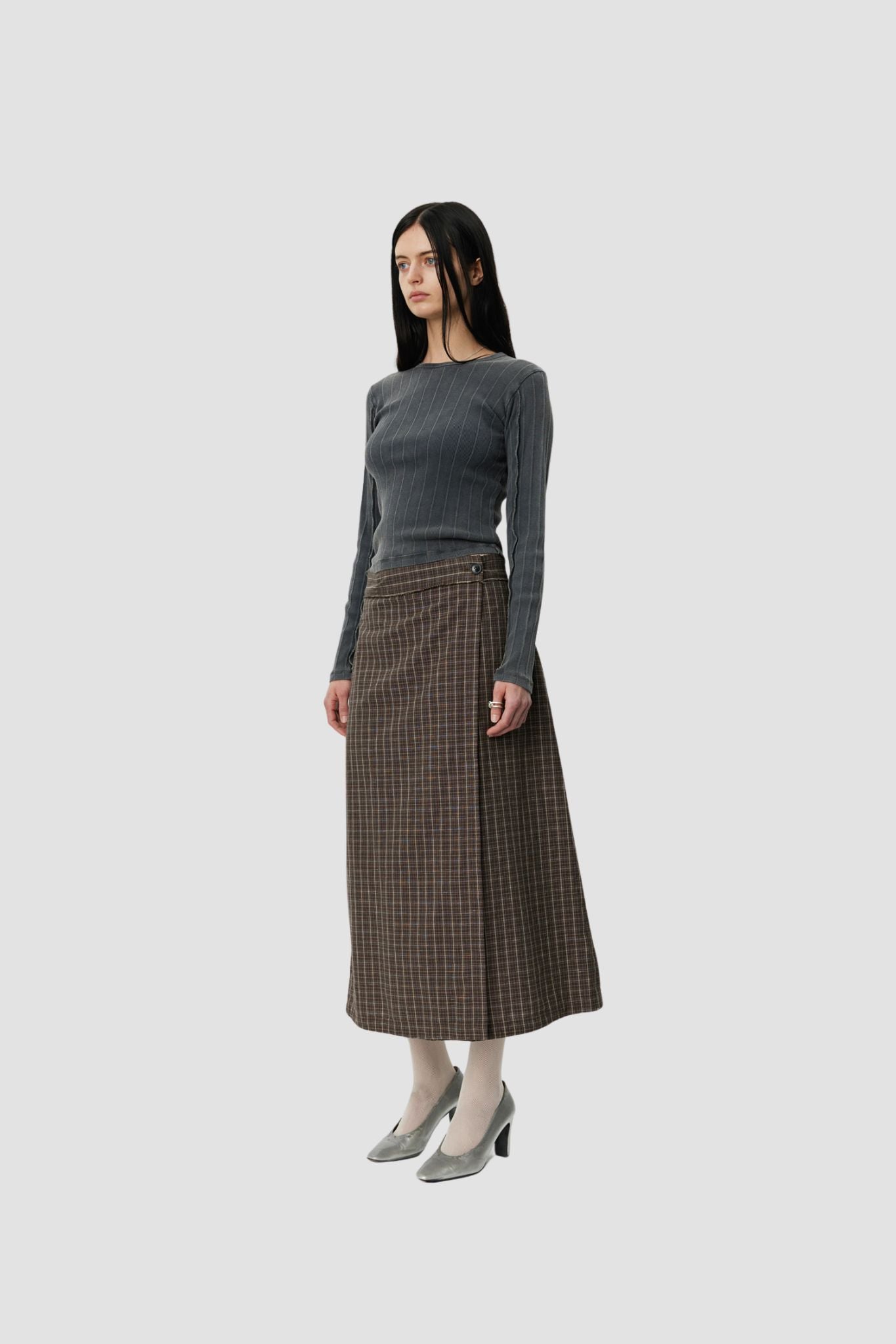 CLASSIC WRAP SKIRT Brown Linen Check