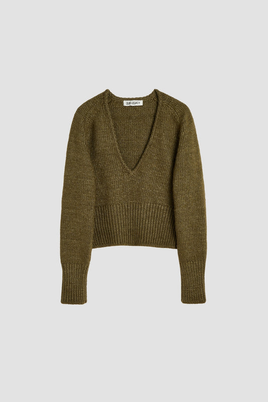 SHARP V-NECK Flush Green Rustic Wool Silk