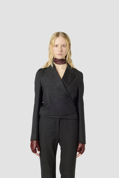 WRAP BLAZER, Smoke Gray Micro Herringbone