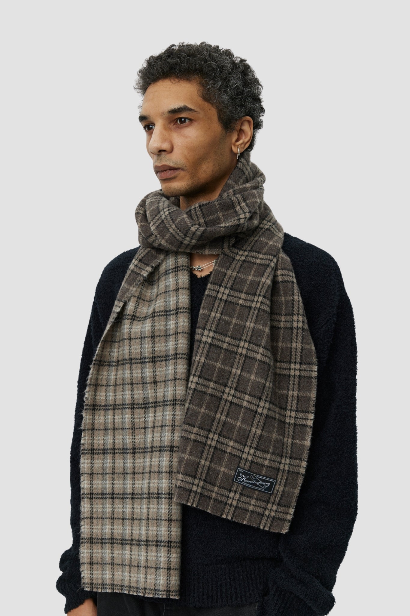WOOL SCARF Brown Double Faced Check