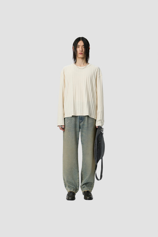ROUND NECK SWEATER ecru inverted ajour stripe