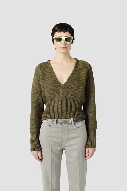 SHARP V-NECK Flush Green Rustic Wool Silk