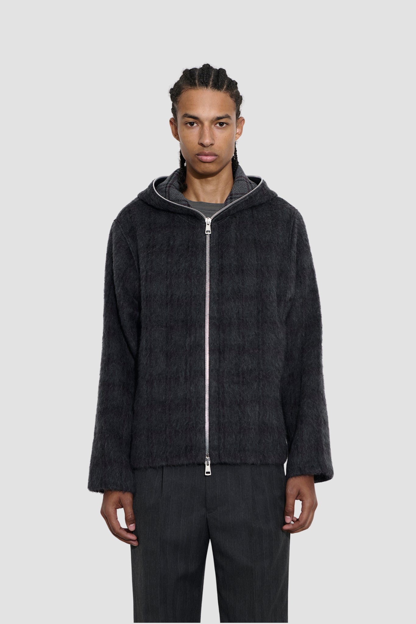 FULL ZIP HOOD Fuzzed Plum Check Hairy Wool