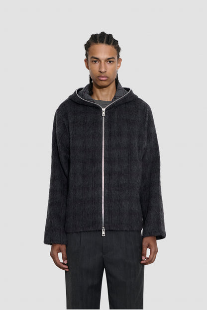 FULL ZIP HOOD Fuzzed Plum Check Hairy Wool