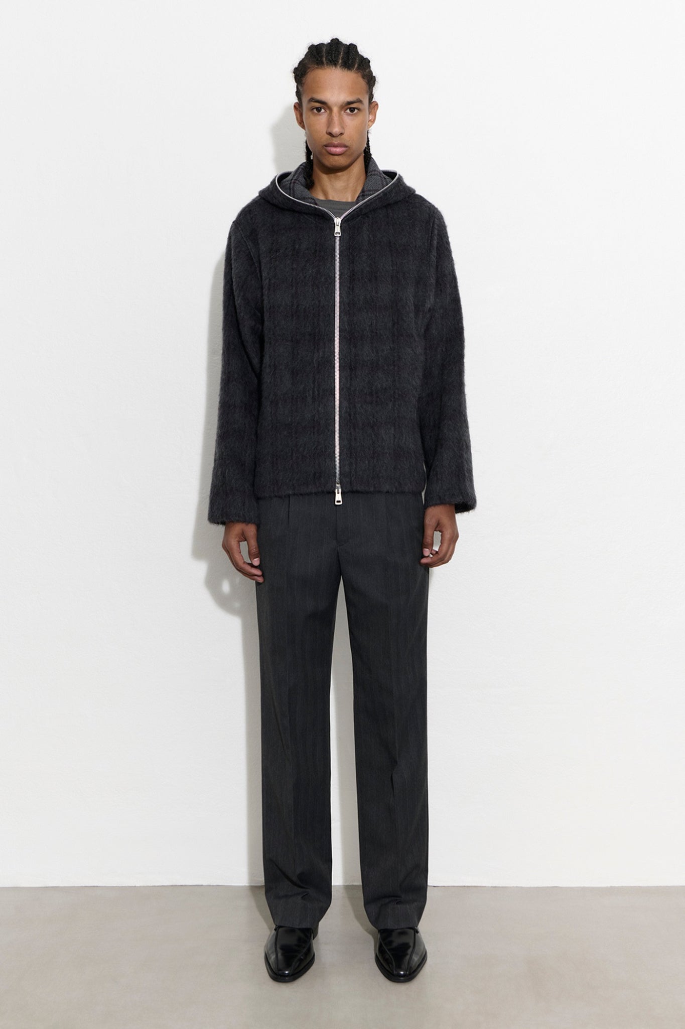 FULL ZIP HOOD Fuzzed Plum Check Hairy Wool