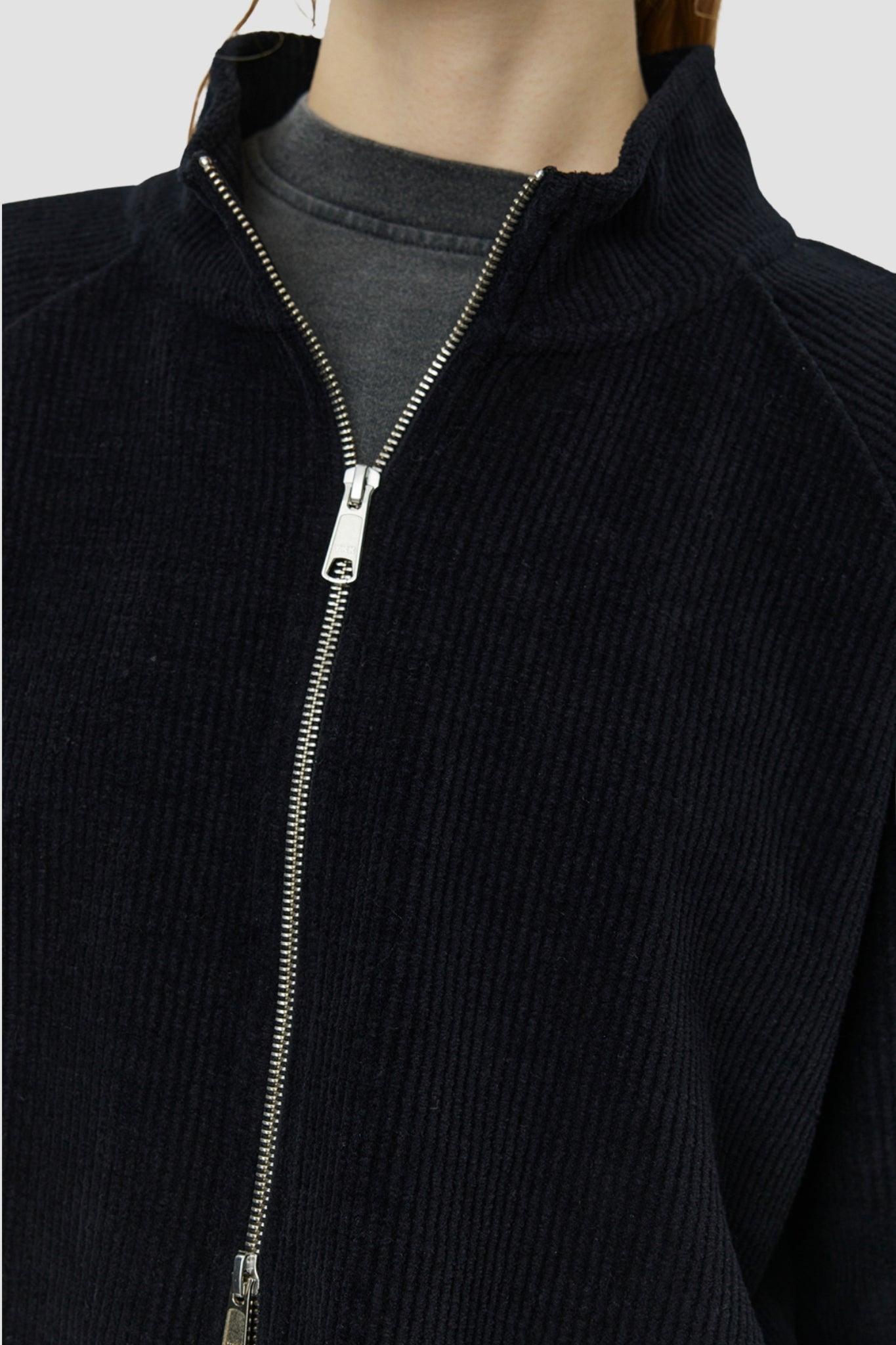 CROPPED LEISURE ZIP UP Black Jersey Cord