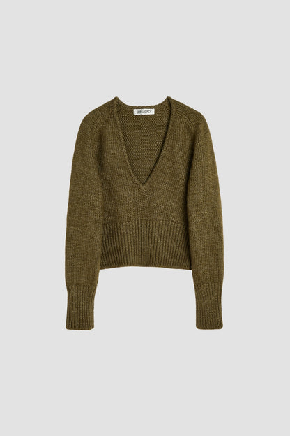 SHARP V-NECK Flush Green Rustic Wool Silk