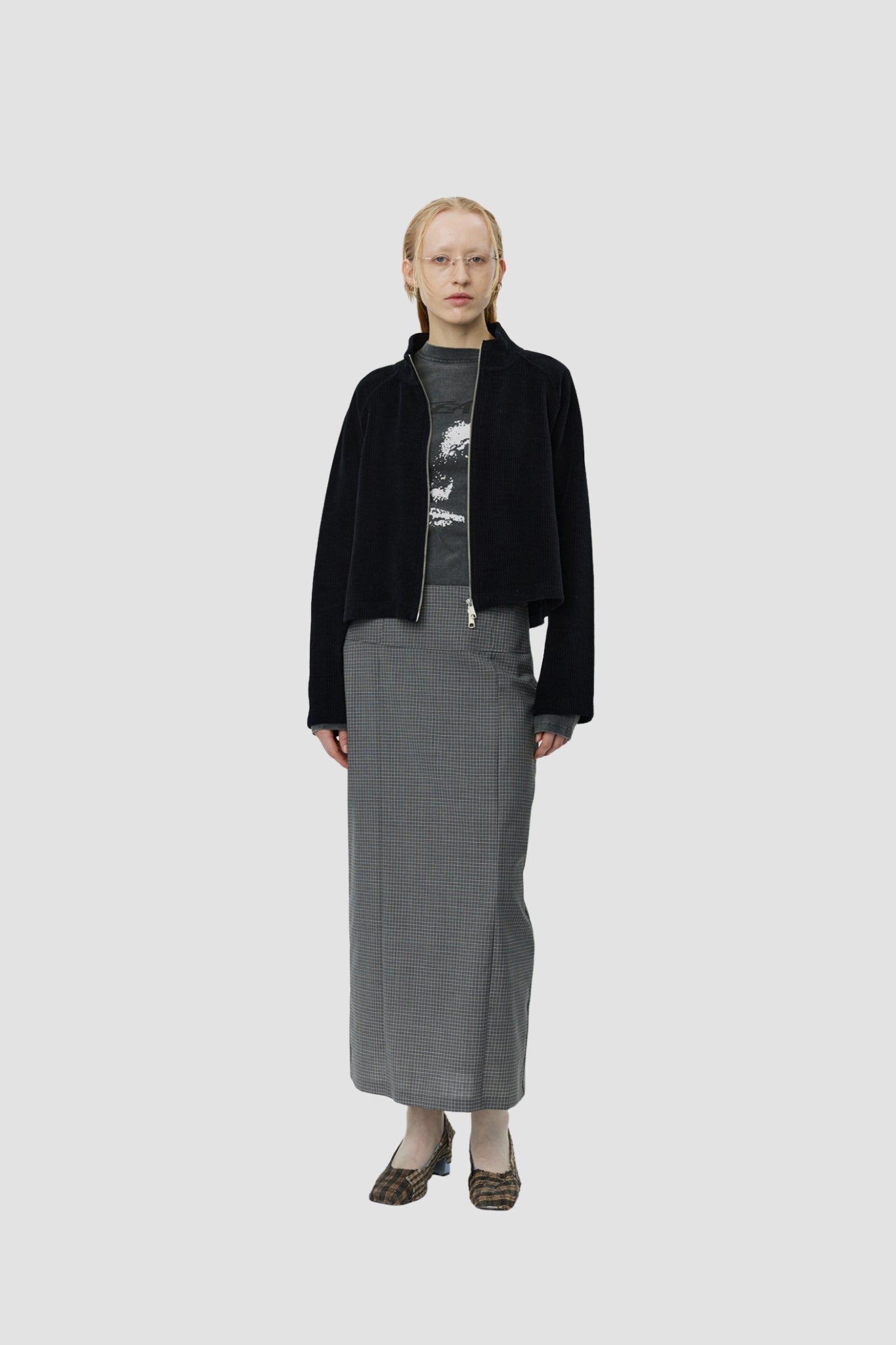 CROPPED LEISURE ZIP UP Black Jersey Cord