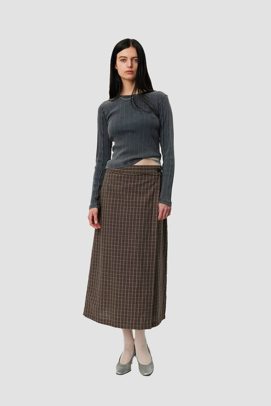 CLASSIC WRAP SKIRT Brown Linen Check